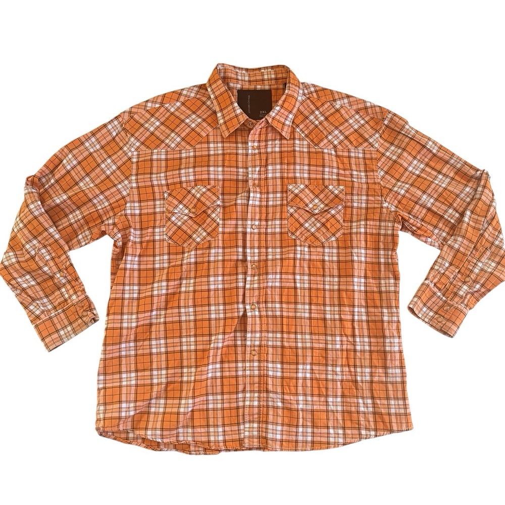 Jordan Craig Men's Size 2XL Pearl Snap Orange Plaid Long Sleeve 100% Cotton‎